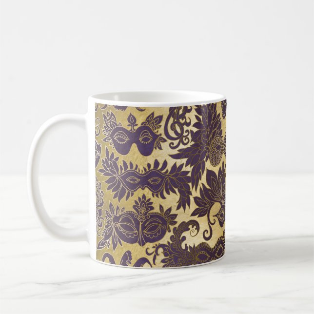 Taza De Café Mardi Gras Purple Masquerade máscaras Faux Gold (Izquierda)