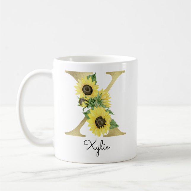 Taza De Café Margarita de girasoles florales dorados inicial X (Izquierda)