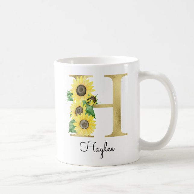 Taza De Café Margarita Dorada Monograma Girasol Floral Inicial  (Derecha)