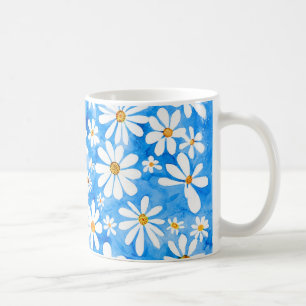 Taza De Café Margaritas Blancas sobre Azul – Patrón Floral de A