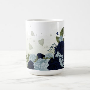 Taza De Café Marina romántica y flores azules polvorientas