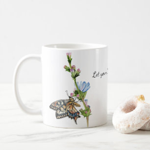 Taza De Café Mariposa acuarela sobre una flor de achicoria
