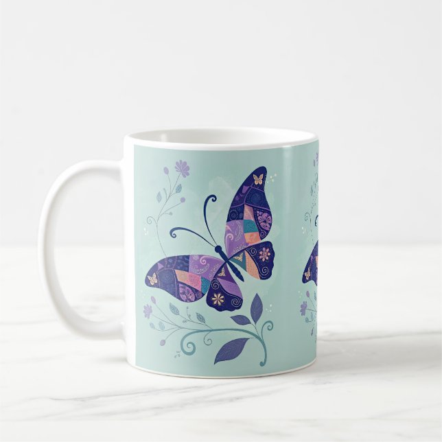 Taza De Café Mariposa Aqua y Morada (Izquierda)