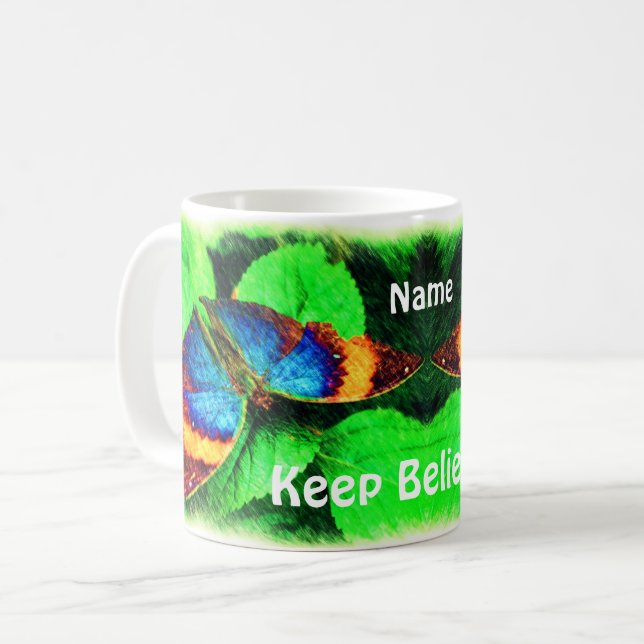 Taza De Café Mariposa Azul cree palabras Inspiradoras (Anverso izquierdo)