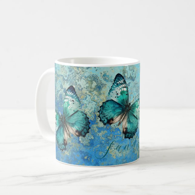 Taza De Café Mariposa azul romántico y verde (Anverso izquierdo)