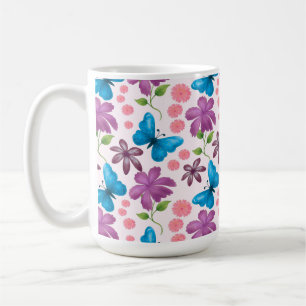 Taza De Café Mariposa Azul y Estampado Floral Púrpura