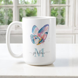 Taza De Café Mariposa color agua colorida con su monograma