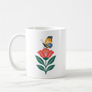 Taza De Café Mariposa Colorida Sobre Flor Roja Arte
