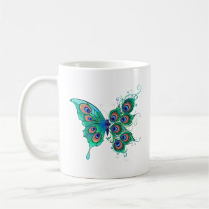 Taza De Café Mariposa con plumas de pavo real verde