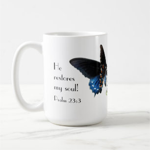 Taza De Café Mariposa con versículo del Salmo 23:3