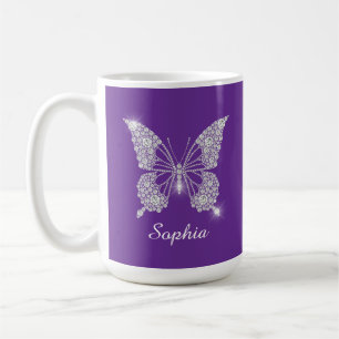 Taza De Café Mariposa de diamante blanco, nombre de guión, púrp