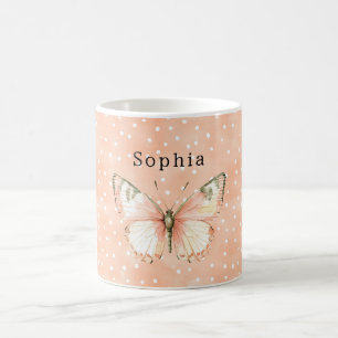 Taza De Café Mariposa de lunares blancos de niña melocotón