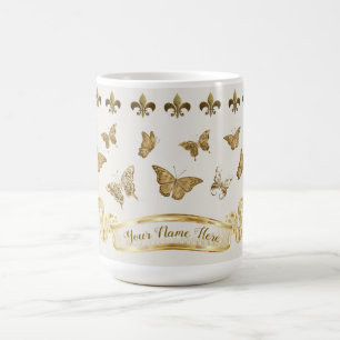 Taza De Café Mariposa dorada personalizada Fleur de Lis 15 oz