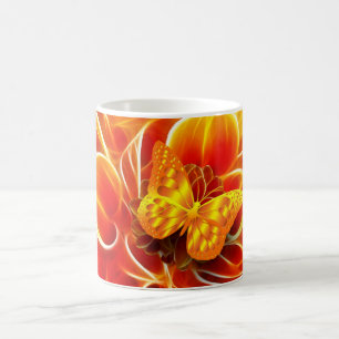 Taza De Café Mariposa Dorada sobre Fondo Abstracto Ígneo