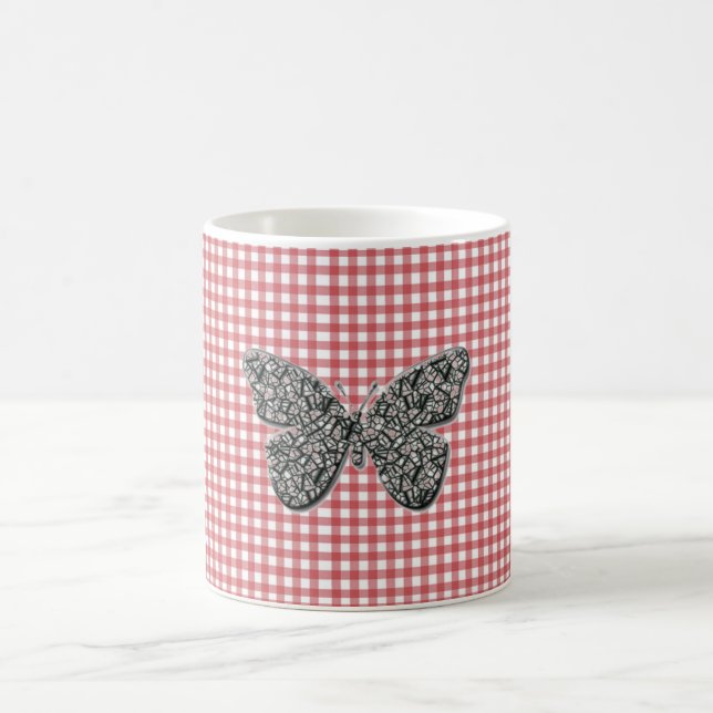 Taza De Café Mariposa Elegante En Red Gingham (Centro)