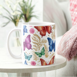 Taza De Café Mariposa elegante y Purpurina floral Mug