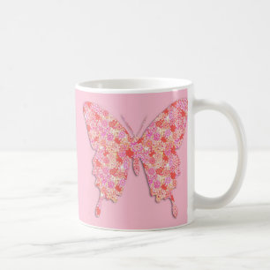 Taza De Café Mariposa en patrón floral - rosa, naranja