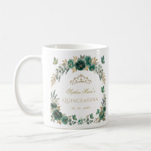 Taza De Café Mariposa Floral Esmeralda Corona Dorada Quinceañer