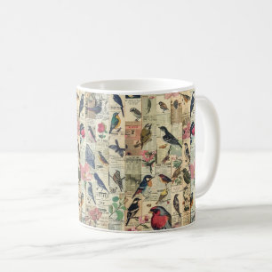 Taza De Café Mariposa Pájaro Vintage Periódico Botánico