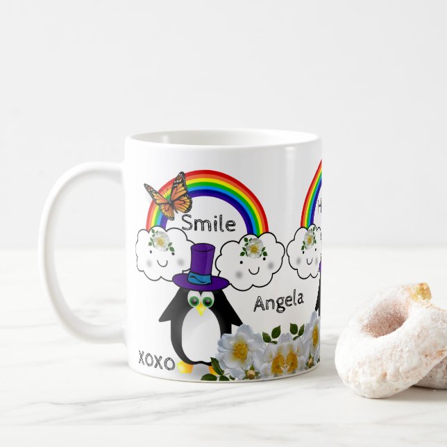 Taza De Café Mariposa pingüina Nubes de Arcoiris (Con donut)