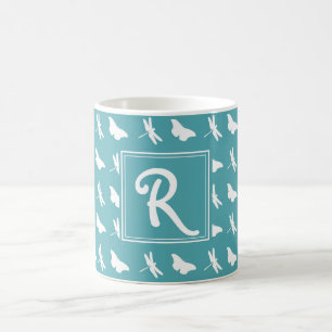 Taza De Café Mariposa Teal y Patrón de Libélula Monograma