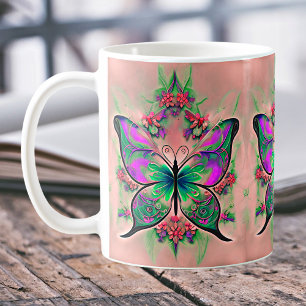 Taza De Café Mariposa verde púrpura en rosa