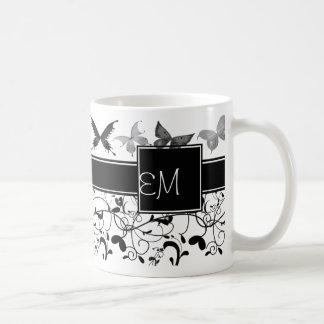 Taza De Café Mariposa victoriana floreciente blanco negro