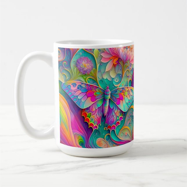 Taza De Café Mariposa y flores psicodélicas coloridas (Izquierda)
