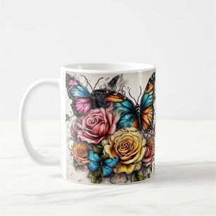 Taza De Café Mariposa y Rosas
