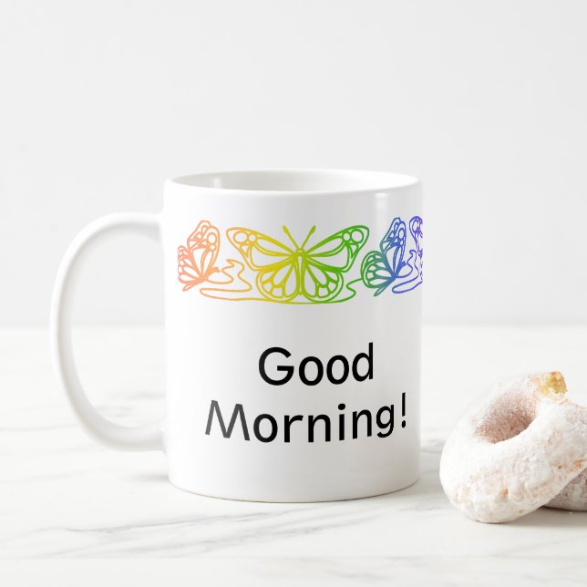 Taza De Café Mariposas arcoiris borde peluca personalizada (Con donut)