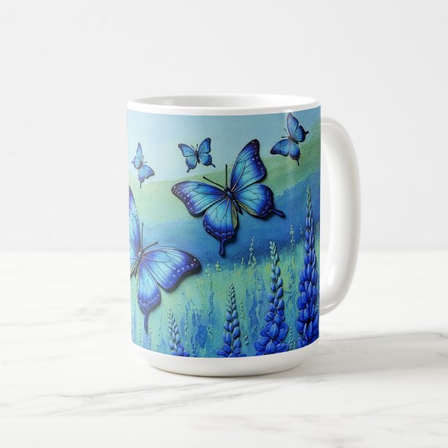 Taza De Café Mariposas Azules con Flores Azules, (Anverso derecho)