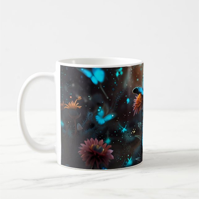 Taza De Café Mariposas azules en plantas Naranjas (Izquierda)