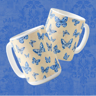 Taza De Café Mariposas azules retro Chinoiserie Rubor Ivory