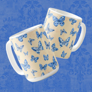 Taza De Café Mariposas azules retro Chinoiserie Rubor Ivory