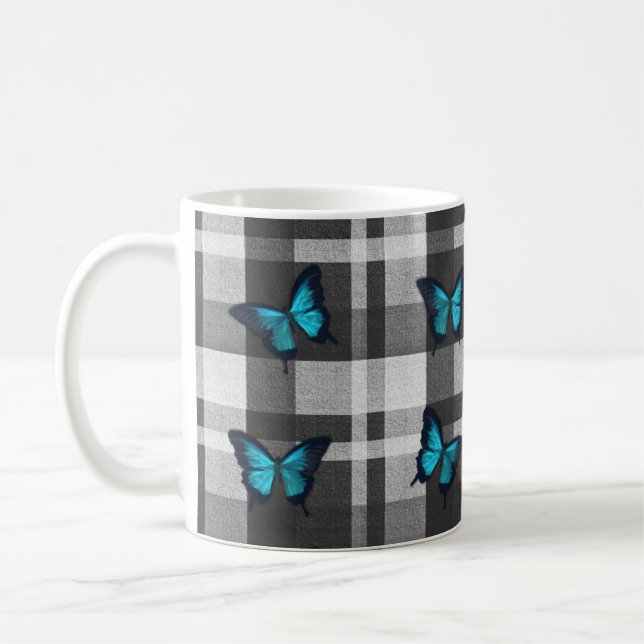 Taza De Café Mariposas azules y tela de plástico gris (Izquierda)