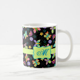 Taza De Café Mariposas banales modernas en monograma negro