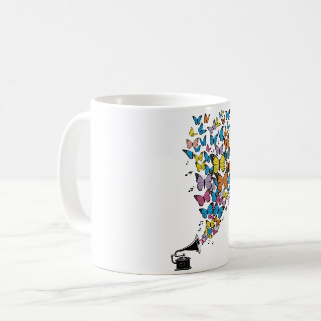 Taza De Café Mariposas coloridas con gramófono (Anverso izquierdo)