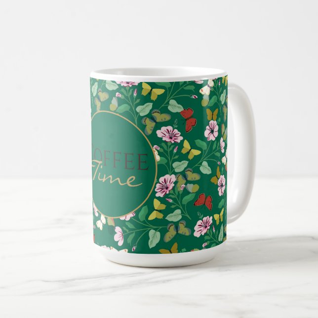 Taza De Café Mariposas Coloridas Flores Rosadas Botánicas Verde (Anverso derecho)