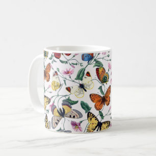 Taza De Café Mariposas Coloridas Flores Rosas y Hojas Verdes
