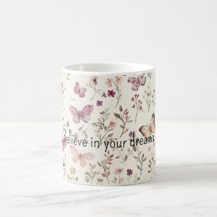 Taza De Café Mariposas De Crema Púrpura Floral Cree Sueños