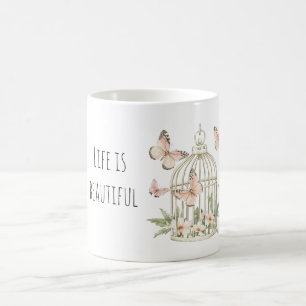 Taza De Café Mariposas de melocotón Jaula de pájaros floral