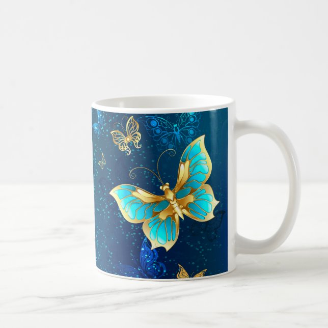 Taza De Café Mariposas doradas sobre fondo azul (Derecha)