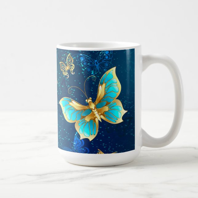 Taza De Café Mariposas doradas sobre fondo azul (Derecha)
