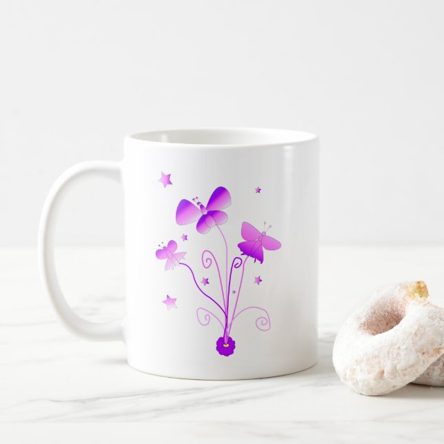 Taza De Café Mariposas Flor Flor Rosa Morado Girar (Con donut)