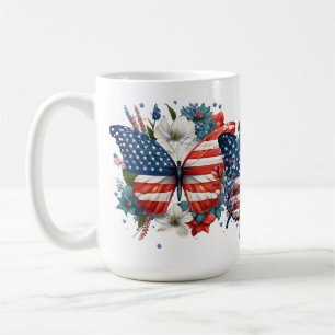 TAZA DE CAFÉ MARIPOSAS FLORES ROJAS BLANCAS Y AZULES PATRIÓTICA