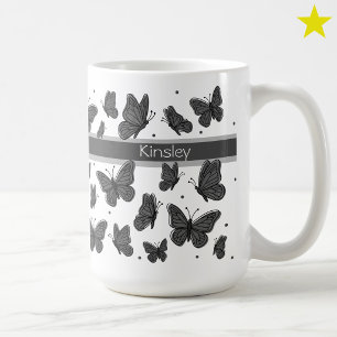 Taza De Café Mariposas grises negras y puntos nombre personaliz