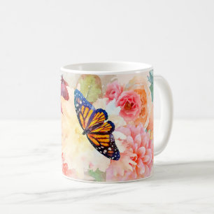 Taza De Café Mariposas Monarca Acuarela En Jardín De Flores