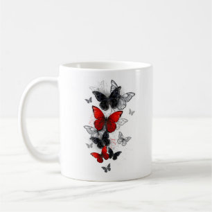 Taza De Café Mariposas Morfo Negras y Rojas Volando