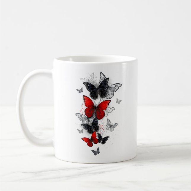 Taza De Café Mariposas Morpho voladoras negras y rojas (Izquierda)