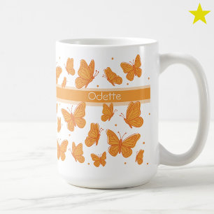 Taza De Café Mariposas Naranjas y Lunares Nombre Personalizado